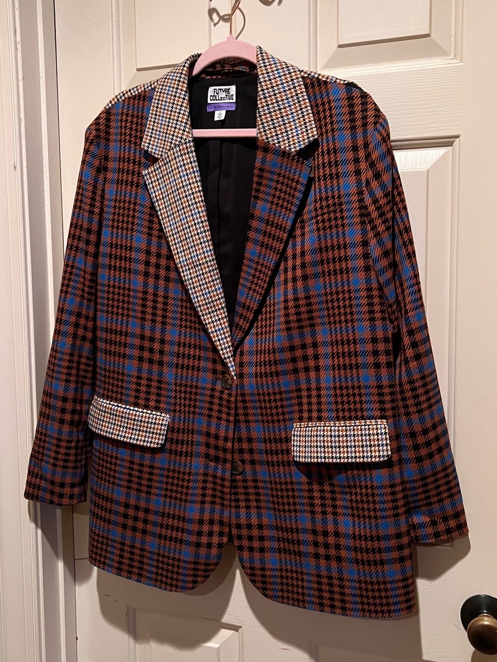 Future Collective x Kahlana Barfield Brown Houndstooth and Plaid Blazer